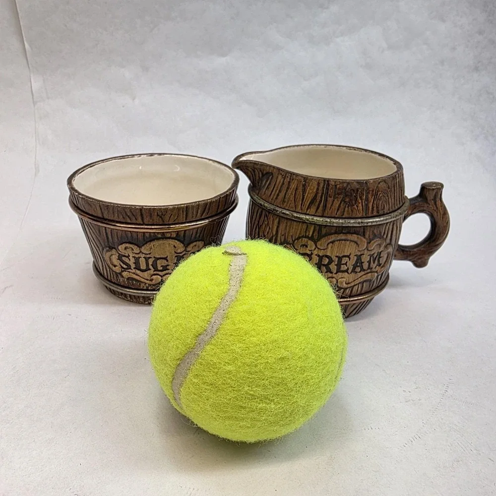Vintage Treasure Craft‎ Cream And Sugar Set Barrel 1957 MCM Rustic Ceramic
